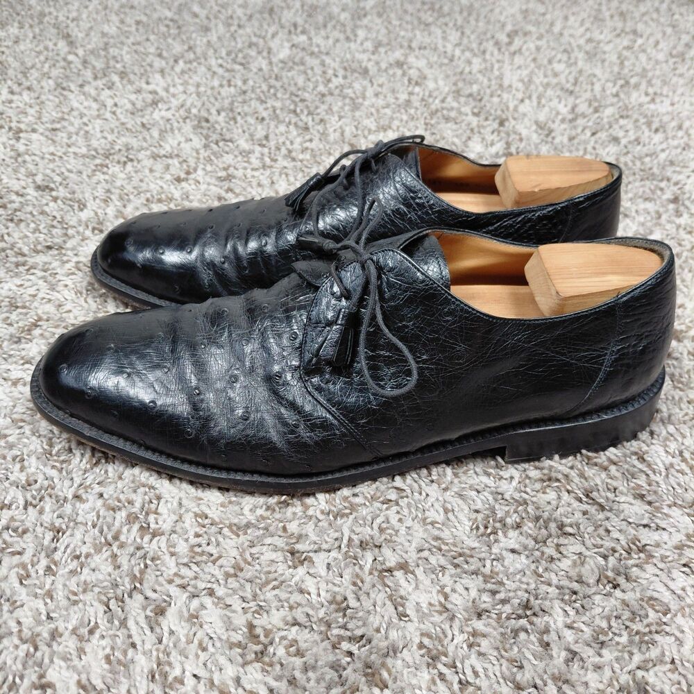 Paolo De Marco Ostrich Leather Dress Shoes Mens Sz 13 M Black Lace Up Tassle